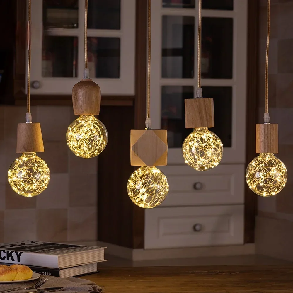 Wooden Pendant Lights Vintage Pendant Lamp E27 Home Decorative Chandelier Bedroom Restaurant Teahouse Single Head Lamp