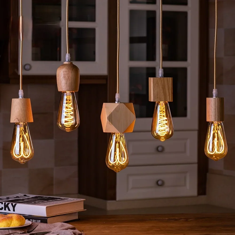 Wooden Pendant Lights Vintage Pendant Lamp E27 Home Decorative Chandelier Bedroom Restaurant Teahouse Single Head Lamp