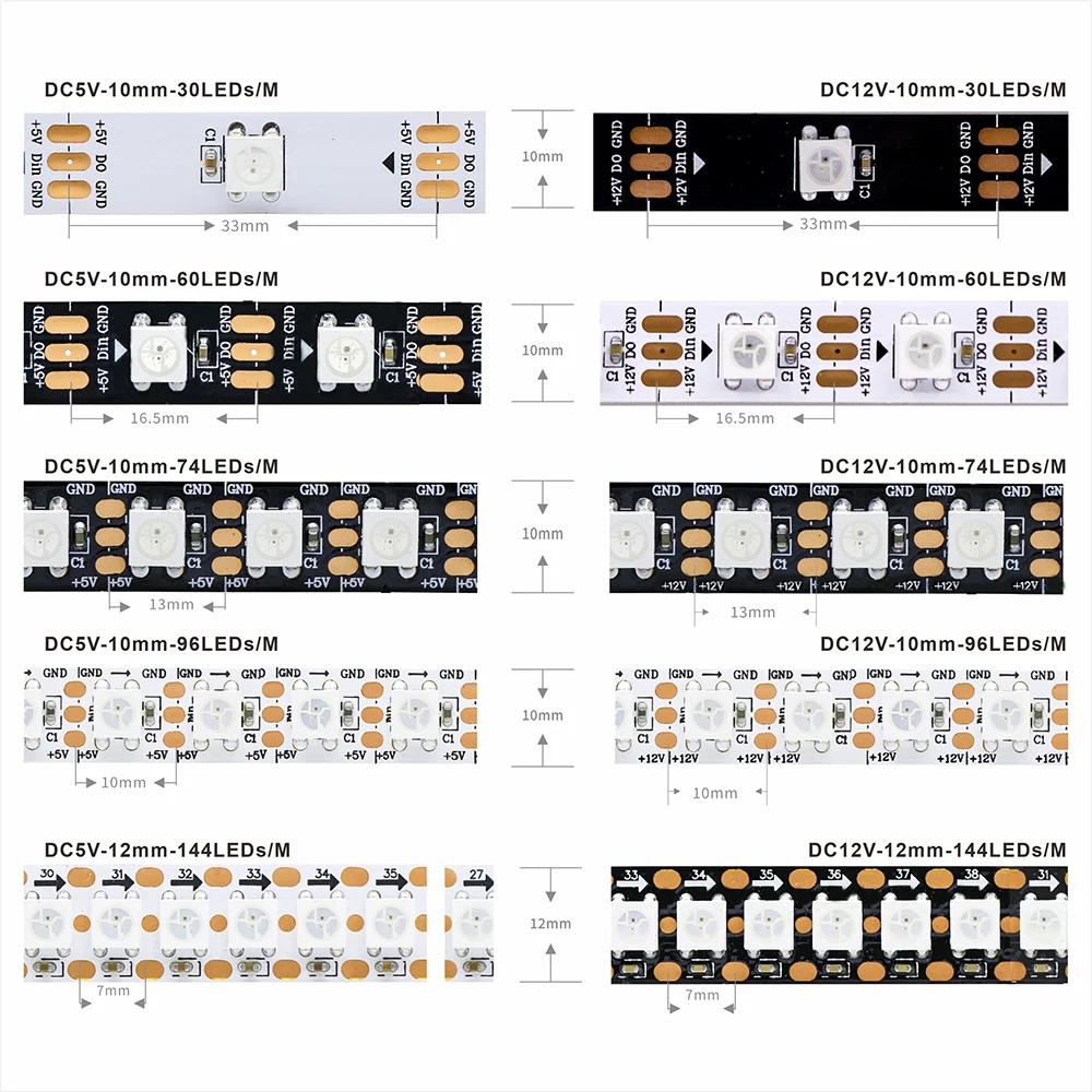 WS2812B Led Strip 5v 30/60/74/96/144 Leds Smart RGB Pixel Strip Black/White PCB IP30/65/67 WS2811 IC Led Light 1m/2m/3m/4m/5m
