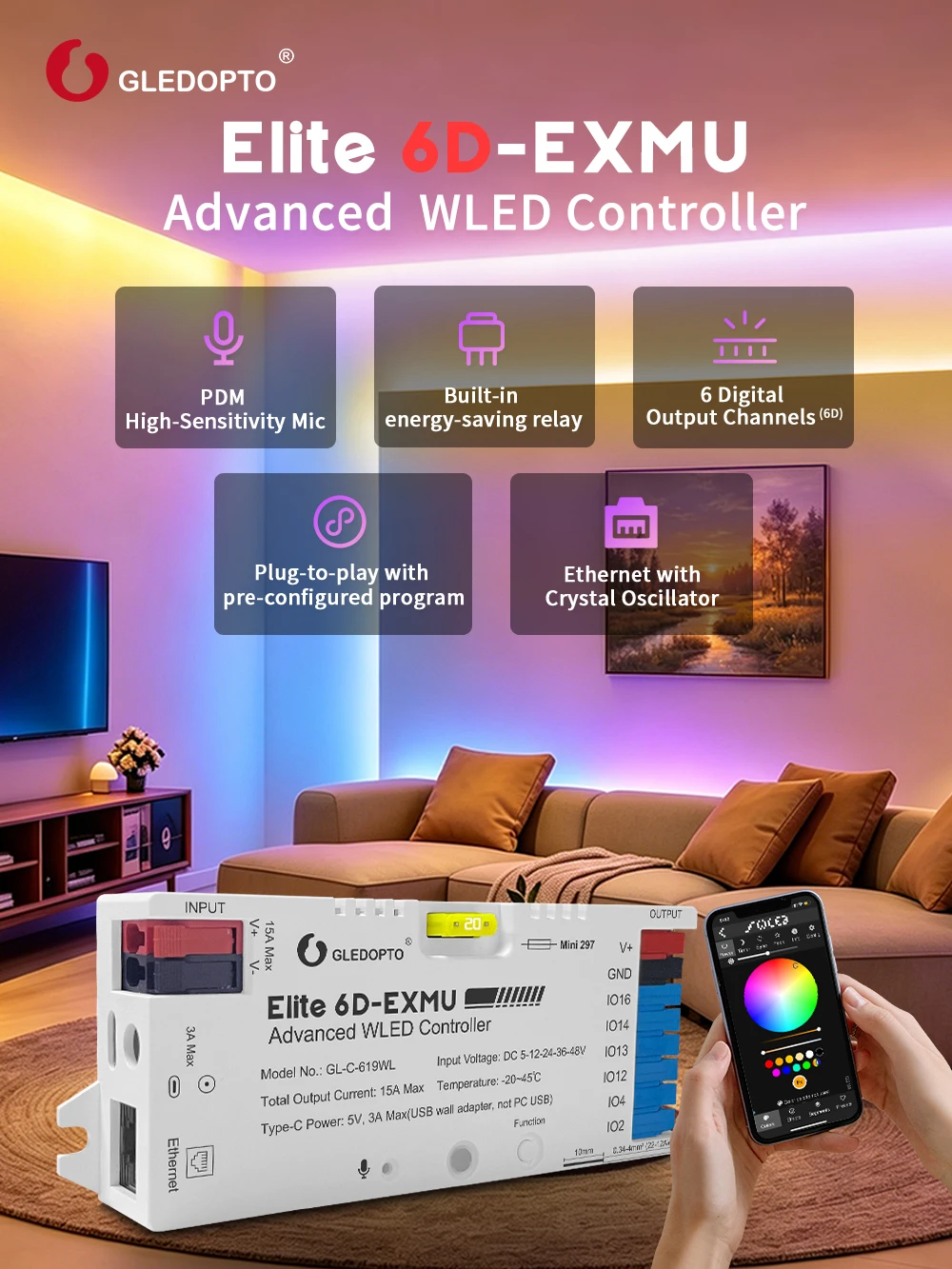 GL-C-619WL 6D GLEDOPTO ESP32 WLED Digital LED Controller Microphone function Type-C WS2811 SK6812 WS2815 611 PWM5IN1 Strip Light
