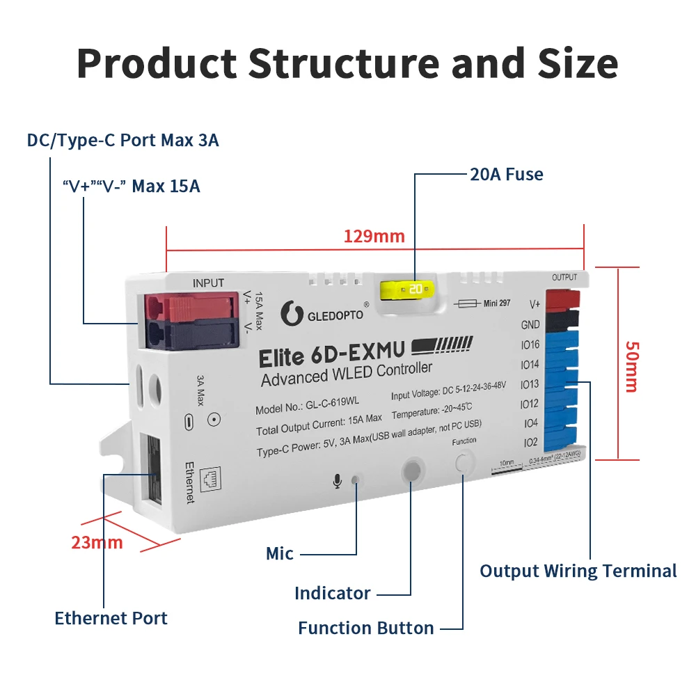 GL-C-619WL 6D GLEDOPTO ESP32 WLED Digital LED Controller Microphone function Type-C WS2811 SK6812 WS2815 611 PWM5IN1 Strip Light