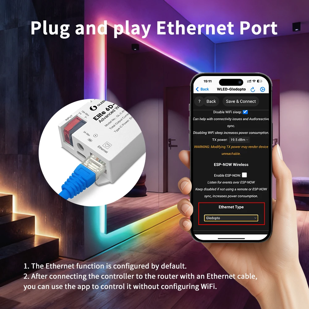 GL-C-619WL 6D GLEDOPTO ESP32 WLED Digital LED Controller Microphone function Type-C WS2811 SK6812 WS2815 611 PWM5IN1 Strip Light