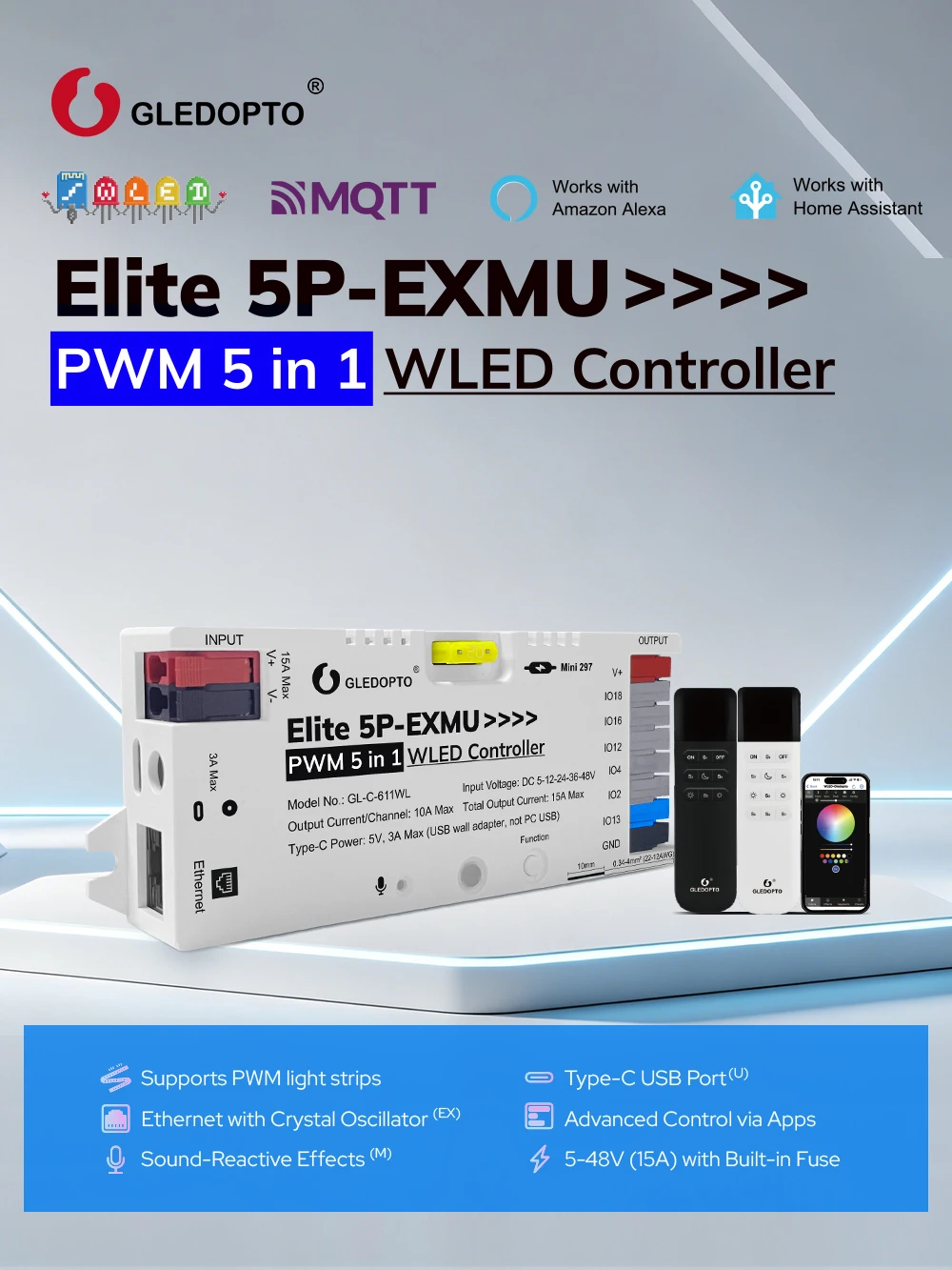 GL-C-619WL 6D GLEDOPTO ESP32 WLED Digital LED Controller Microphone function Type-C WS2811 SK6812 WS2815 611 PWM5IN1 Strip Light