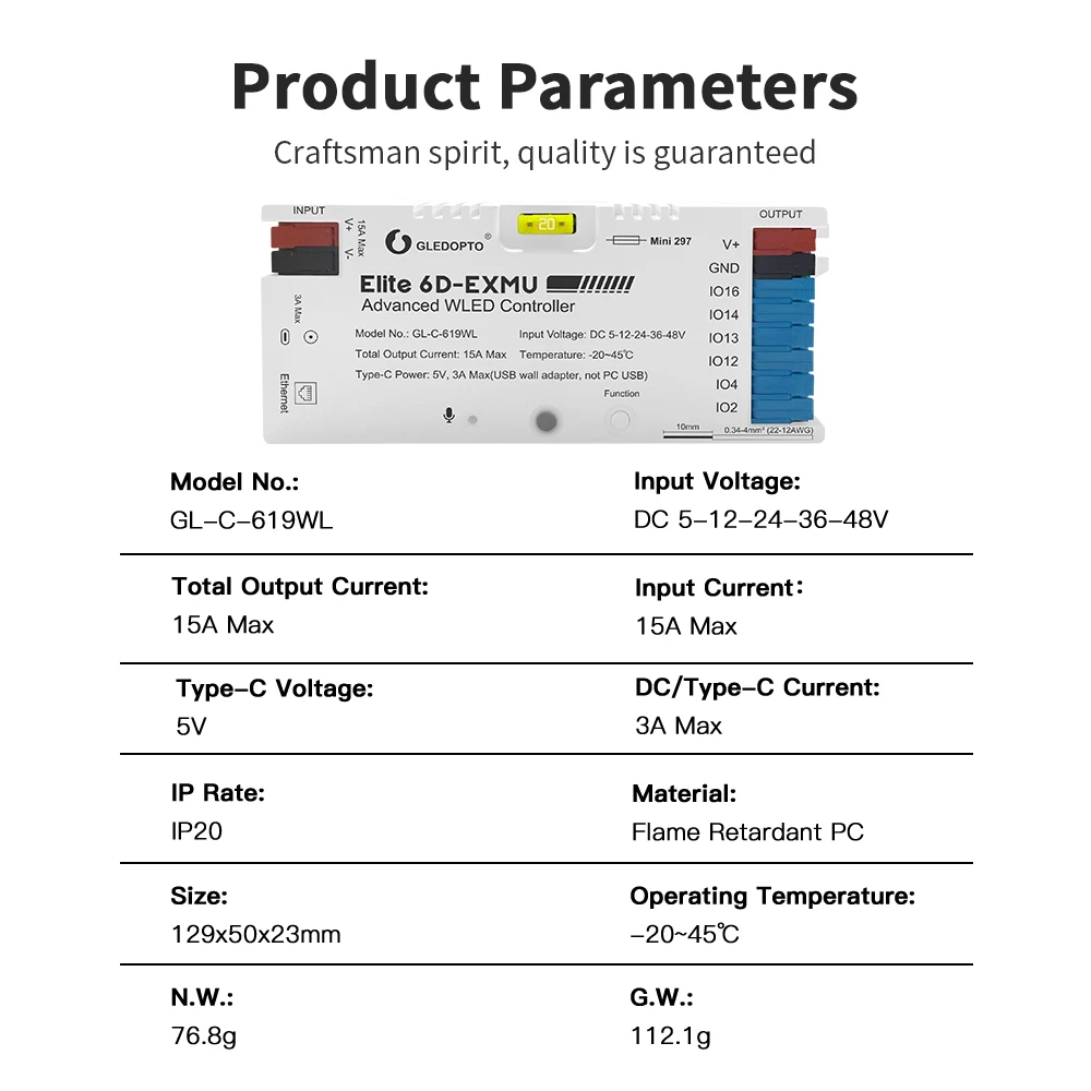 GL-C-619WL 6D GLEDOPTO ESP32 WLED Digital LED Controller Microphone function Type-C WS2811 SK6812 WS2815 611 PWM5IN1 Strip Light