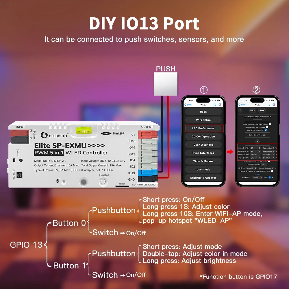 GL-C-619WL 6D GLEDOPTO ESP32 WLED Digital LED Controller Microphone function Type-C WS2811 SK6812 WS2815 611 PWM5IN1 Strip Light