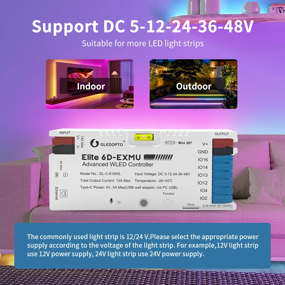 GL-C-619WL 6D GLEDOPTO ESP32 WLED Digital LED Controller Microphone function Type-C WS2811 SK6812 WS2815 611 PWM5IN1 Strip Light