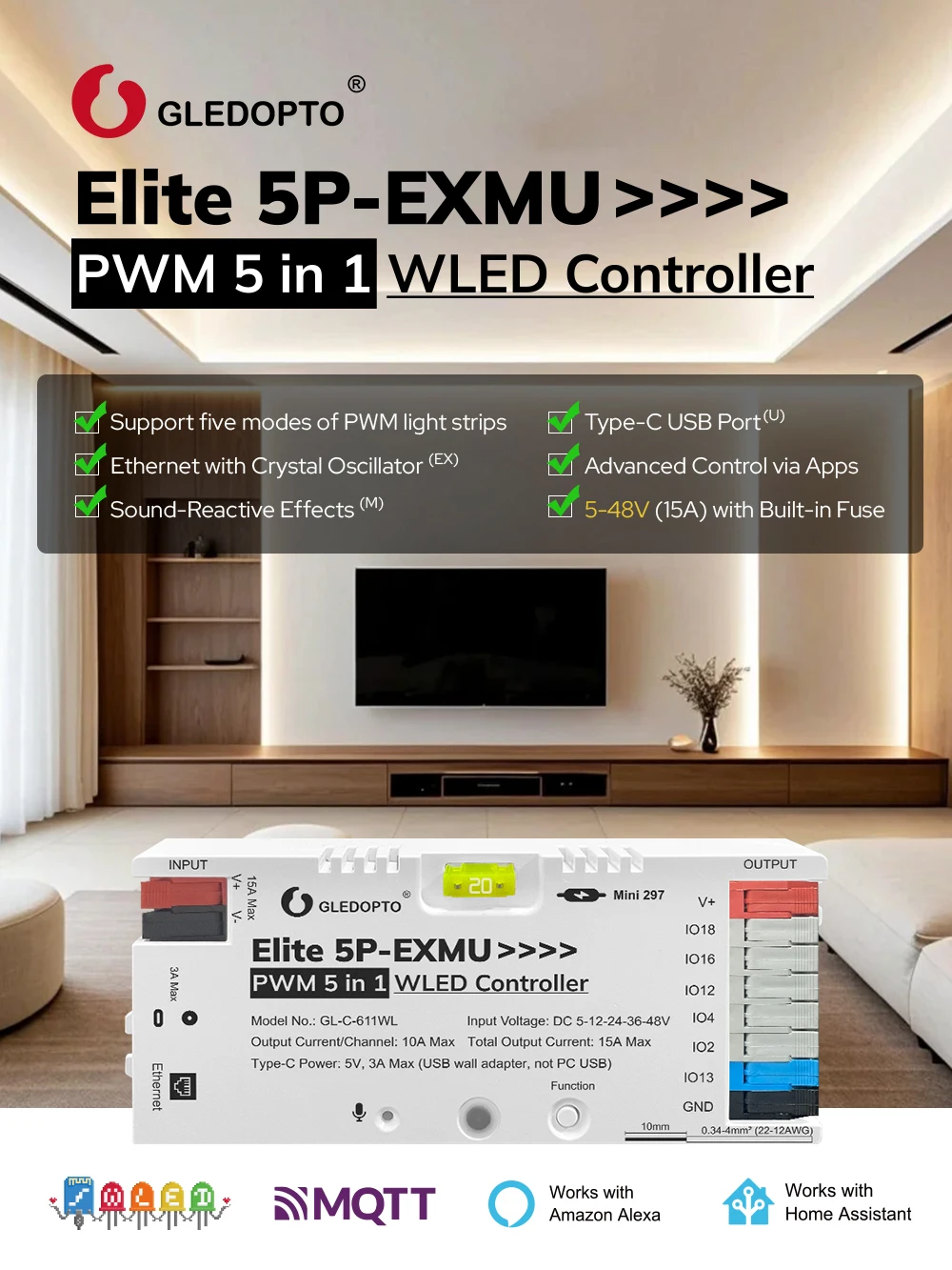 GL-C-619WL 6D GLEDOPTO ESP32 WLED Digital LED Controller Microphone function Type-C WS2811 SK6812 WS2815 611 PWM5IN1 Strip Light