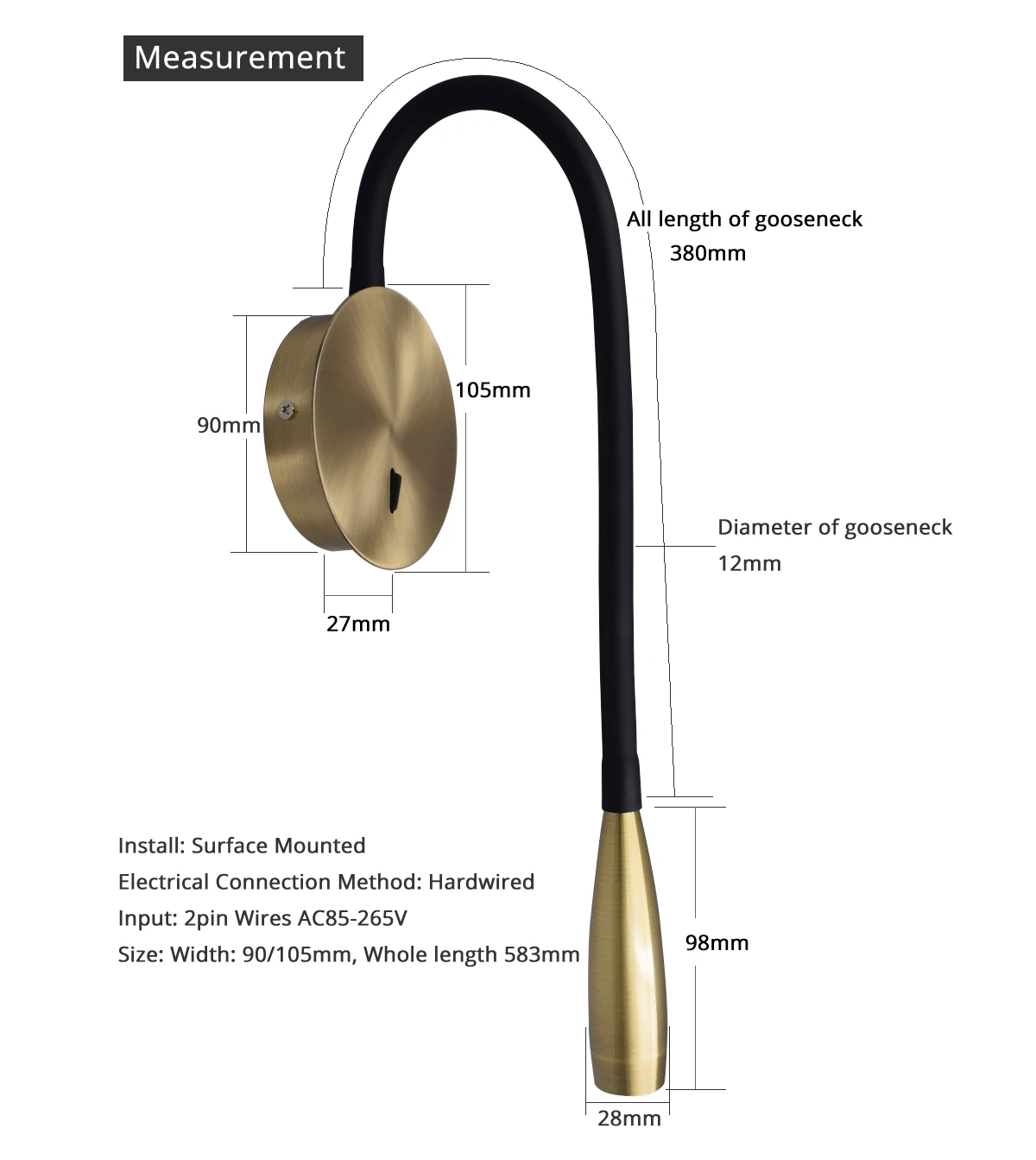 Big 583mm LED Wall Lamp 3W Nordic Antique Bronze Black White Bedside Adjustable Arm Reading Lamp Hotel Home Room Decoration