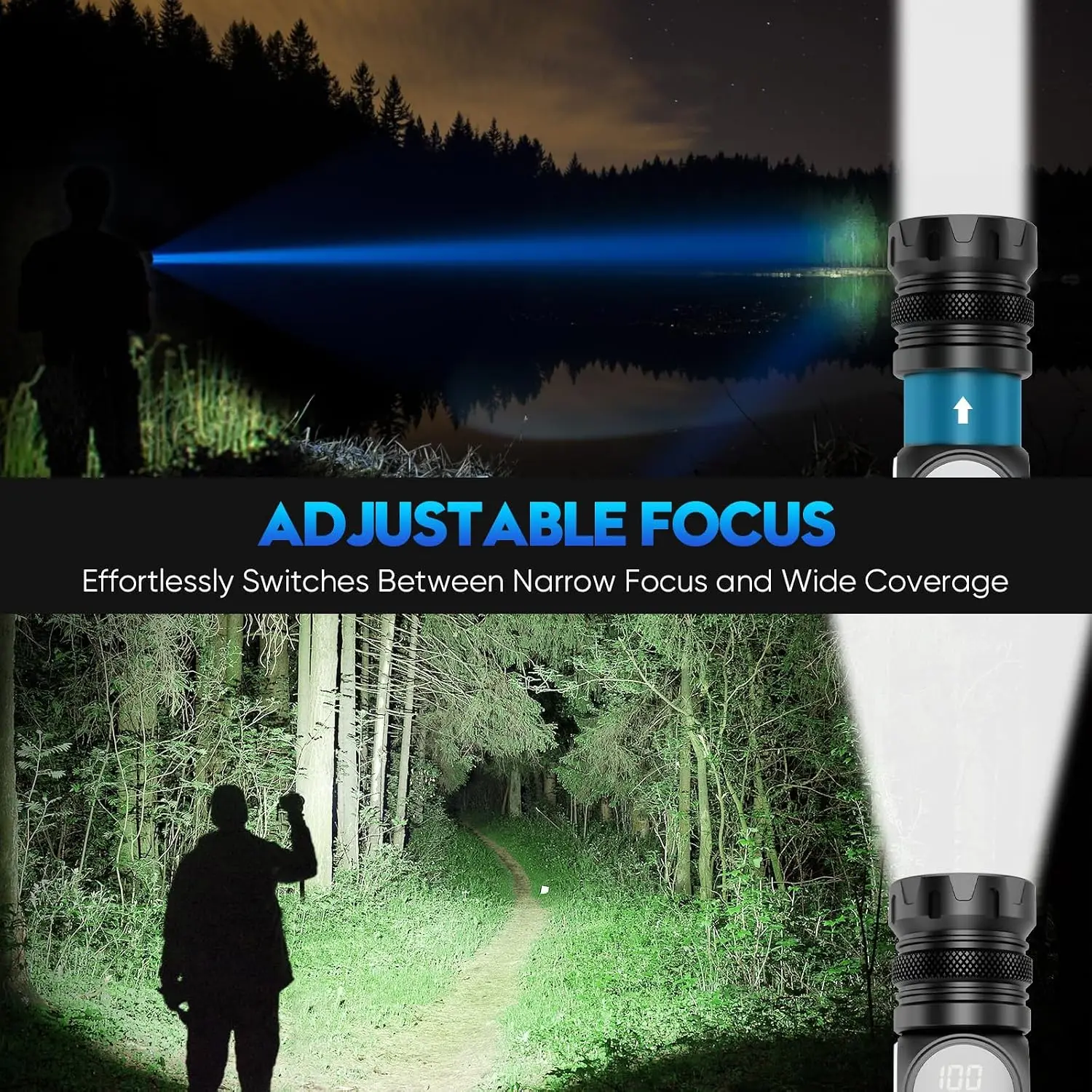 Super Bright LED Rechargeable Flashlight with Adjustable Focal Length Type-C Fast Charging for Camping Traveling Emergency Use