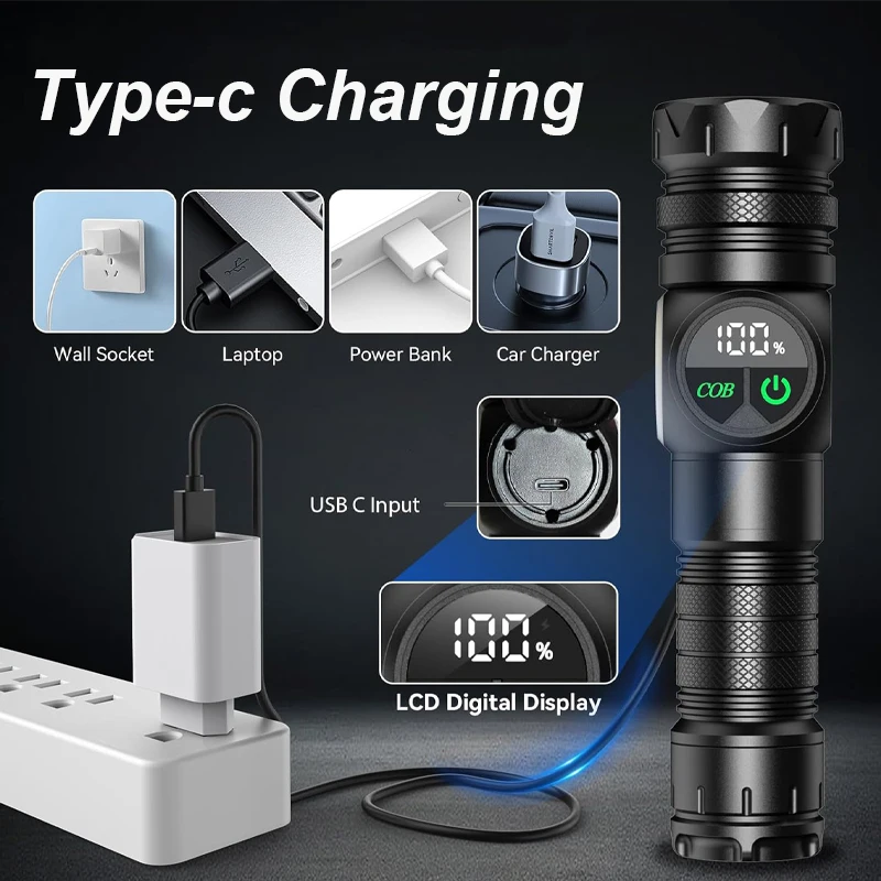 Super Bright LED Rechargeable Flashlight with Adjustable Focal Length Type-C Fast Charging for Camping Traveling Emergency Use