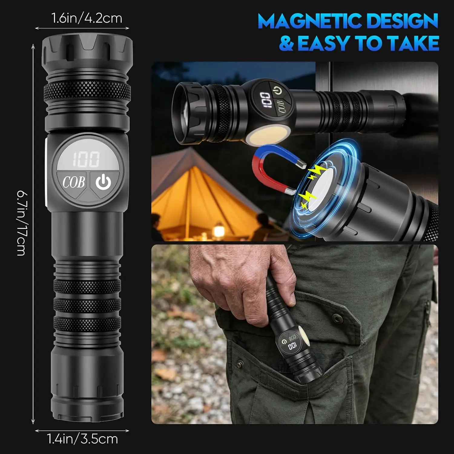 Super Bright LED Rechargeable Flashlight with Adjustable Focal Length Type-C Fast Charging for Camping Traveling Emergency Use