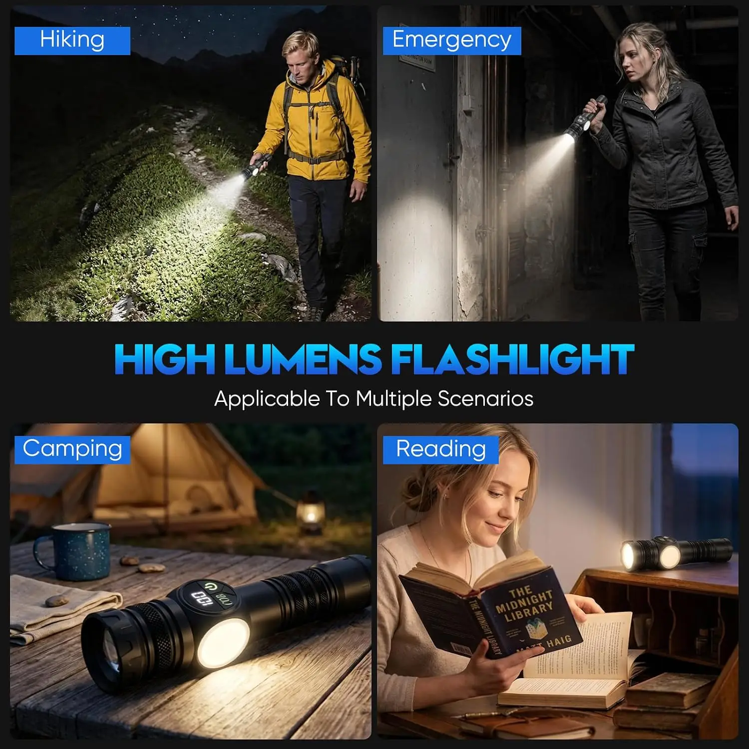 Super Bright LED Rechargeable Flashlight with Adjustable Focal Length Type-C Fast Charging for Camping Traveling Emergency Use