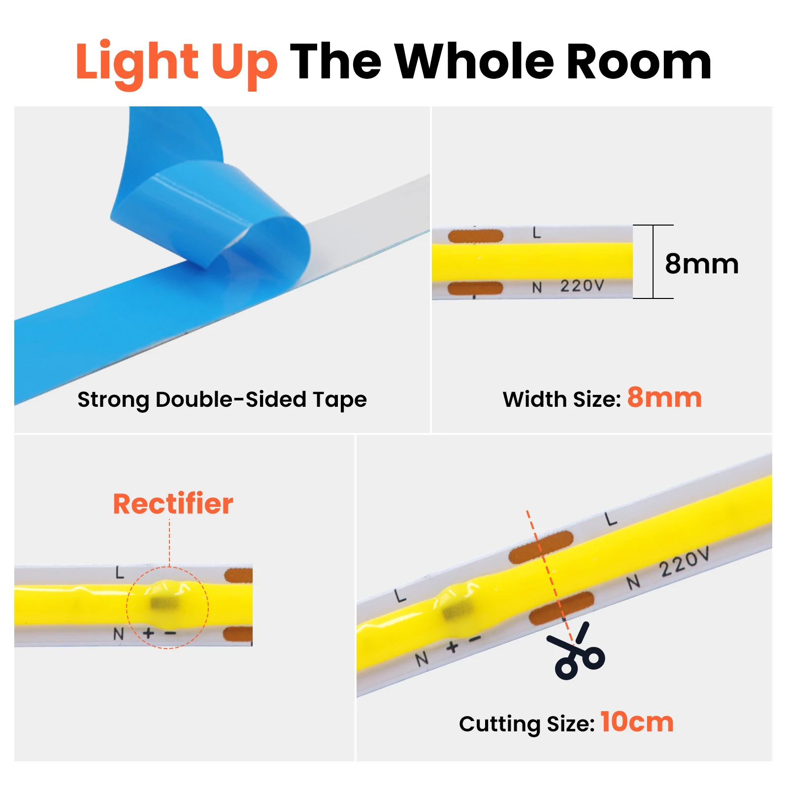 5m 10m 15m 20m COB LED Strip 110V 220V 240LEDs/m No Need Driver Not Waterproof 8mm PCB Width Flexible Tape Warm Natural White