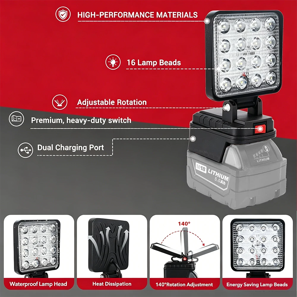 Led Light Fit for Milwaukee Battery M18 4/8In Portable Spotlight Cordless Outdoor Work Fishing Handheld Emergency Tool Light