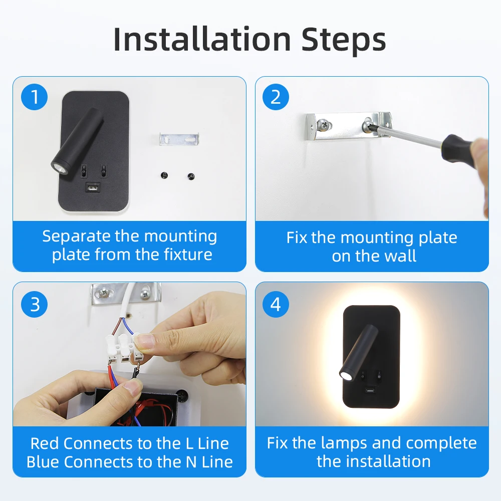 Reading Wall Lamp with USB 13W Rotatable Bedside Wall Light Double Switch LED Bedroom Spot Lights