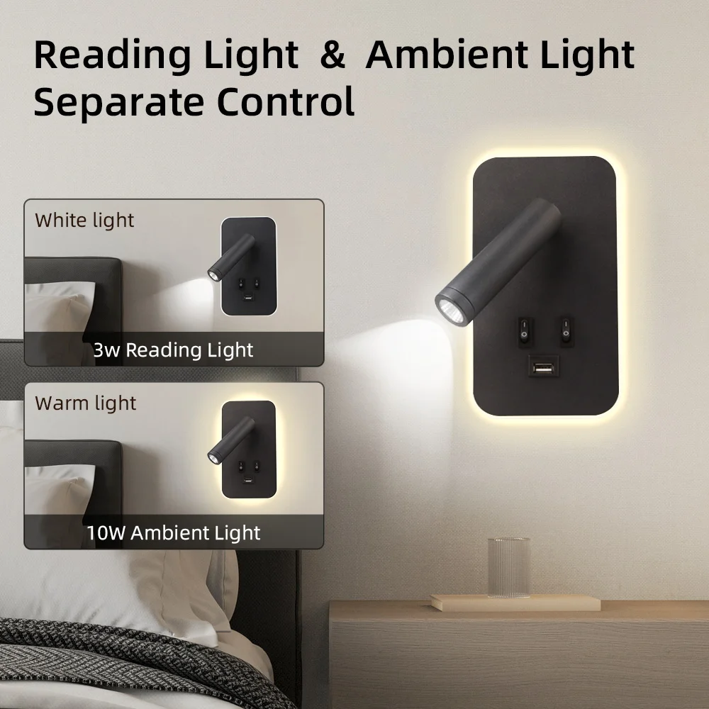 Reading Wall Lamp with USB 13W Rotatable Bedside Wall Light Double Switch LED Bedroom Spot Lights