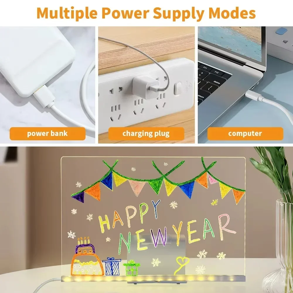 LED Note Board DIY Acrylic Message Board Children‘s Drawing Board With Night Light Colorful Pens Kids Persent Birthday Gift