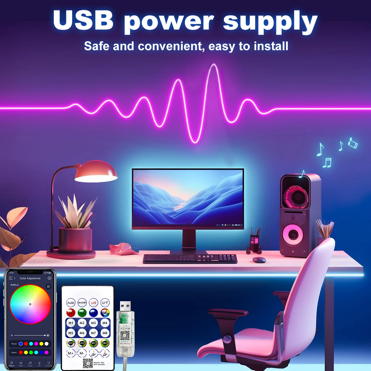 5v Smart RGB Neon Light Strip USB App/Remote Control Music Sync Waterproof Flexible Neon Strip for Bedroom Game Party Decoration