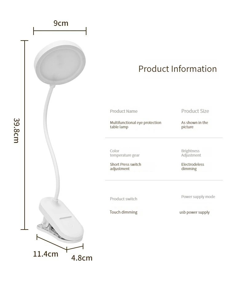 USB Rechargeable Clip On Desk Lamp, 3 Color Temperatures & Dimmable, LED Reading Light for Study Office Bedroom
