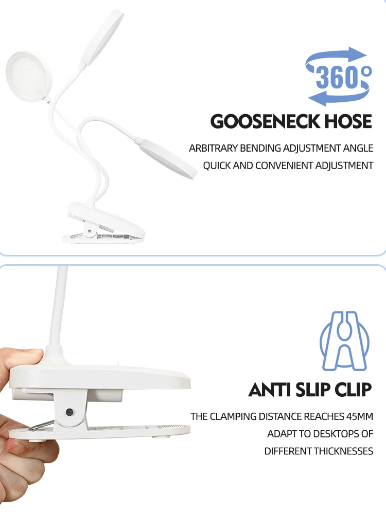 USB Rechargeable Clip On Desk Lamp, 3 Color Temperatures & Dimmable, LED Reading Light for Study Office Bedroom