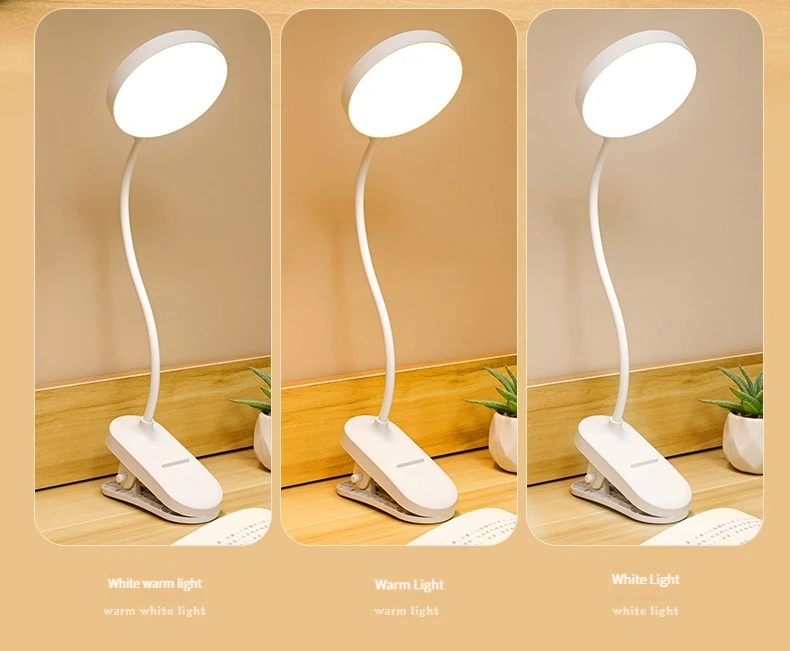 USB Rechargeable Clip On Desk Lamp, 3 Color Temperatures & Dimmable, LED Reading Light for Study Office Bedroom
