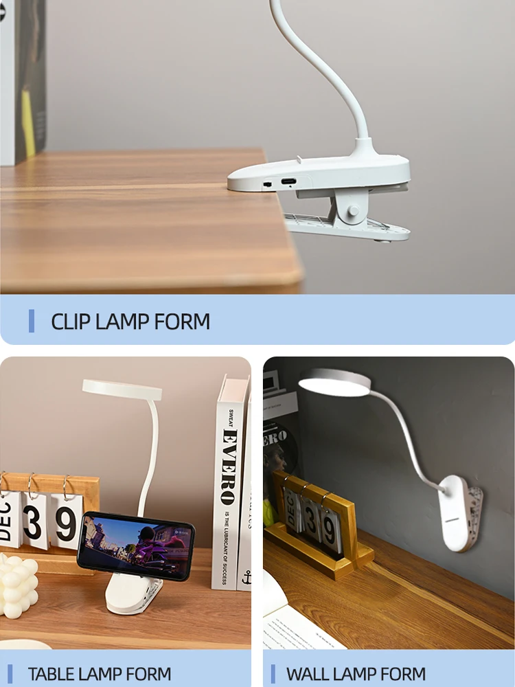USB Rechargeable Clip On Desk Lamp, 3 Color Temperatures & Dimmable, LED Reading Light for Study Office Bedroom