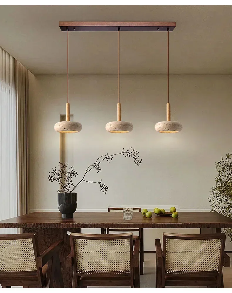 Wabi Sabi Yellow Travertine Stone Pendant Lights Hanging Bedside Small Droplight Round Wood Decora Lighting for Corridor Bedroom