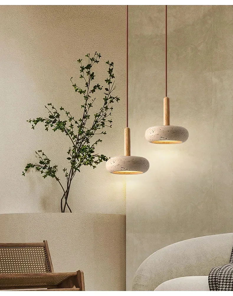 Wabi Sabi Yellow Travertine Stone Pendant Lights Hanging Bedside Small Droplight Round Wood Decora Lighting for Corridor Bedroom