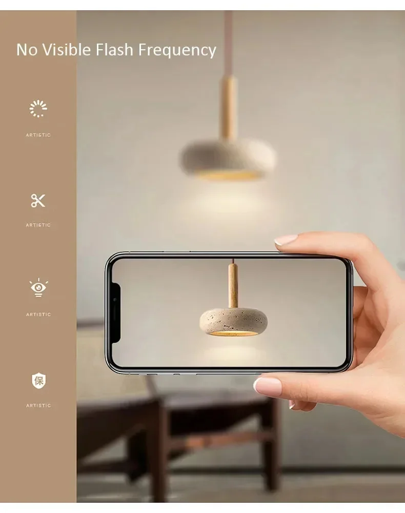 Wabi Sabi Yellow Travertine Stone Pendant Lights Hanging Bedside Small Droplight Round Wood Decora Lighting for Corridor Bedroom