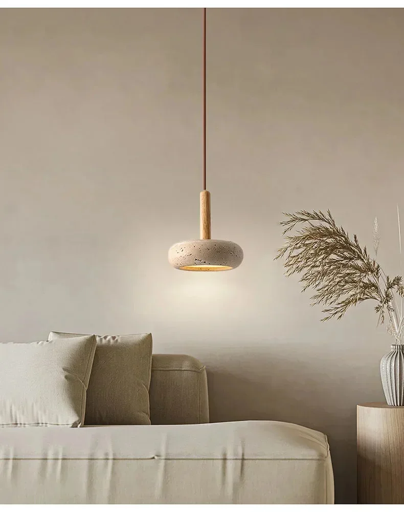 Wabi Sabi Yellow Travertine Stone Pendant Lights Hanging Bedside Small Droplight Round Wood Decora Lighting for Corridor Bedroom