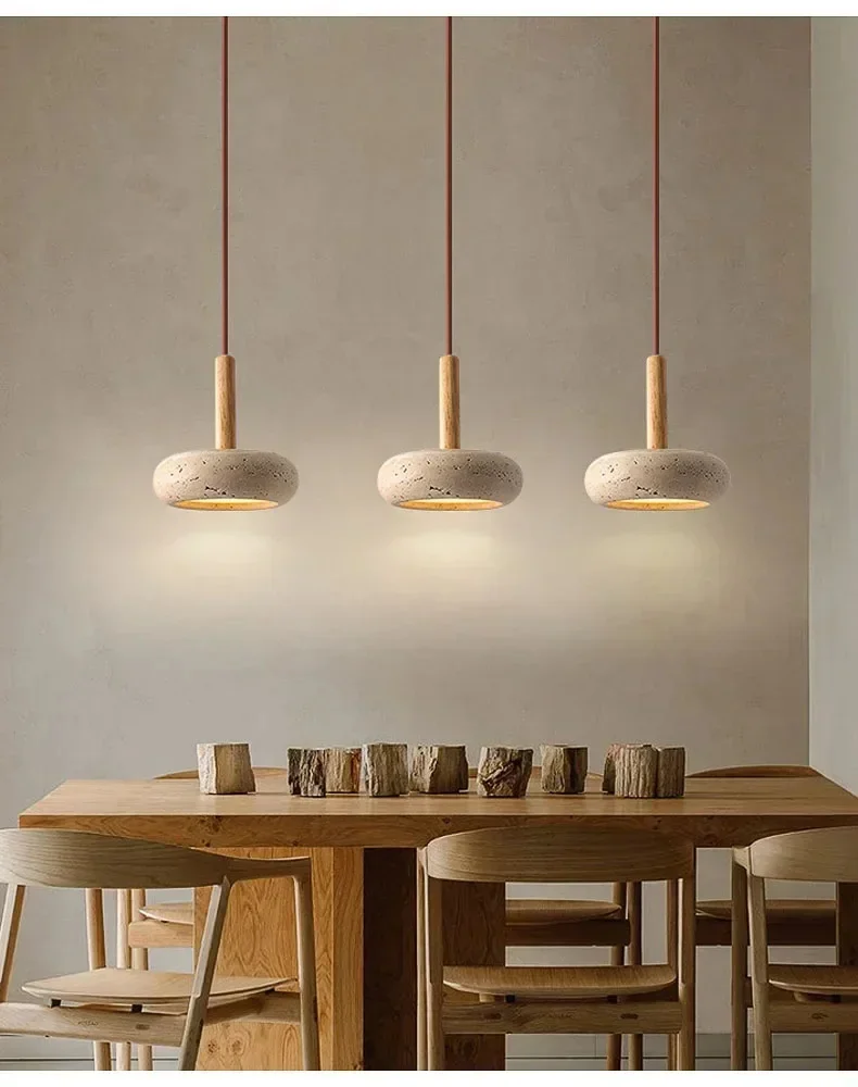 Wabi Sabi Yellow Travertine Stone Pendant Lights Hanging Bedside Small Droplight Round Wood Decora Lighting for Corridor Bedroom