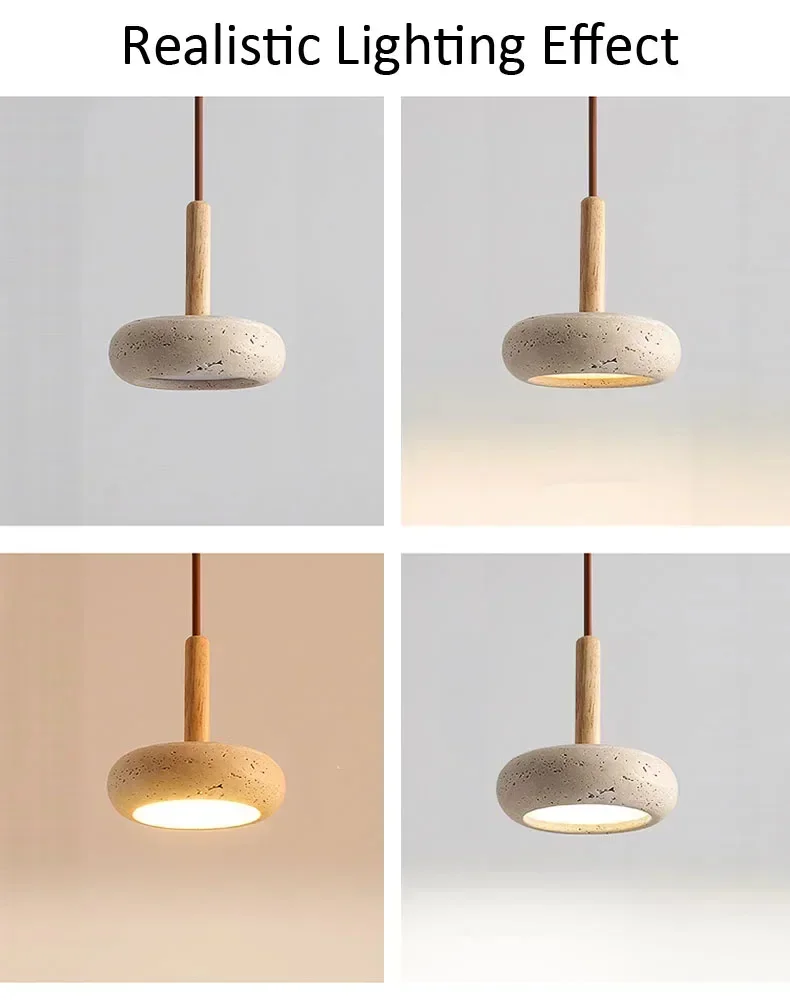 Wabi Sabi Yellow Travertine Stone Pendant Lights Hanging Bedside Small Droplight Round Wood Decora Lighting for Corridor Bedroom