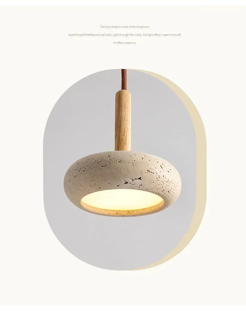 Wabi Sabi Yellow Travertine Stone Pendant Lights Hanging Bedside Small Droplight Round Wood Decora Lighting for Corridor Bedroom
