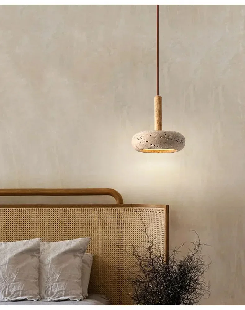 Wabi Sabi Yellow Travertine Stone Pendant Lights Hanging Bedside Small Droplight Round Wood Decora Lighting for Corridor Bedroom