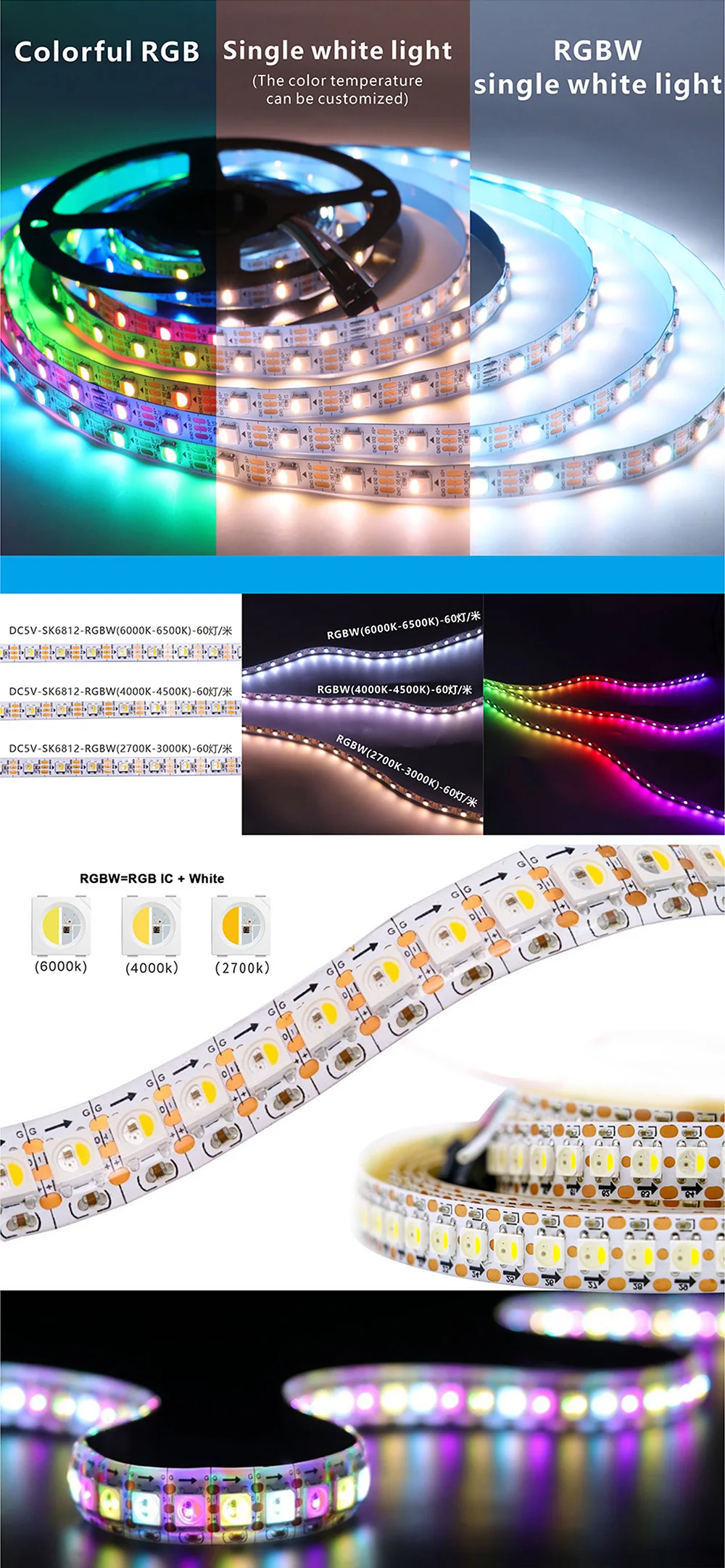 DC12 SK6812 RGBW (Vergelijkbaar Met WS2812B) 4-in-1 30/60/144 Leds/Pixels/M Individueel Adresseerbaar Ledstriplicht 1-5M IP30/IP