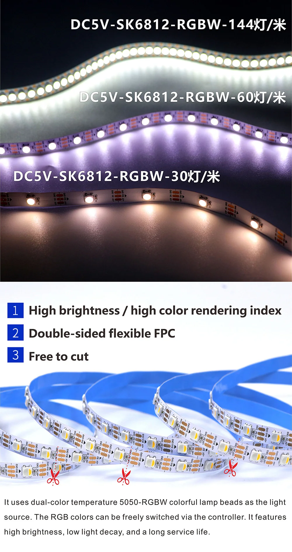 DC12 SK6812 RGBW (Vergelijkbaar Met WS2812B) 4-in-1 30/60/144 Leds/Pixels/M Individueel Adresseerbaar Ledstriplicht 1-5M IP30/IP