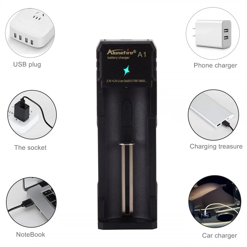 Alonefire A1 USB Charger 3.7V Rechargeable Flashlight Headlamp Torch Li-ion Battery Charger for 18650/16340/14500/21700/26650