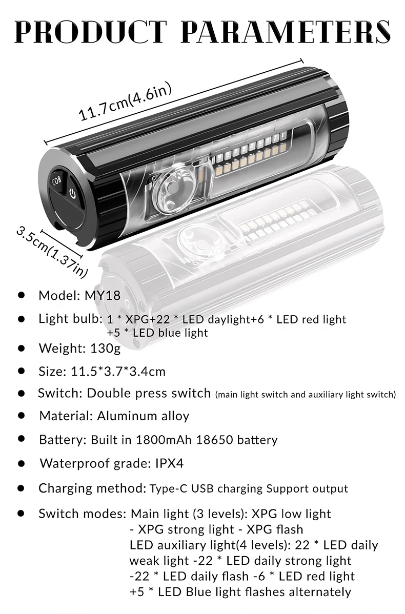 1500Lumen Aluminum Alloy Waterproof USB Charging 1800mAh Bicycle Front Light for MTB Road Cycling Lamp Accessories