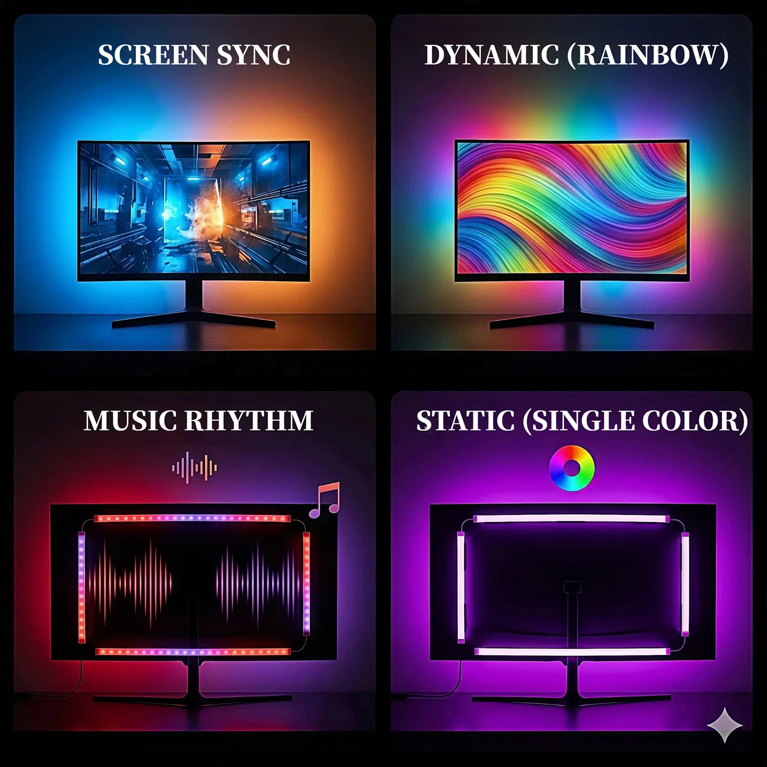 WACUAAO Next-Gen RGBIC PC Monitor Backlight - 360° 4-Side Screen Mirror Sync - Zero Lag Reactive Gaming Lights for Windows & Mac