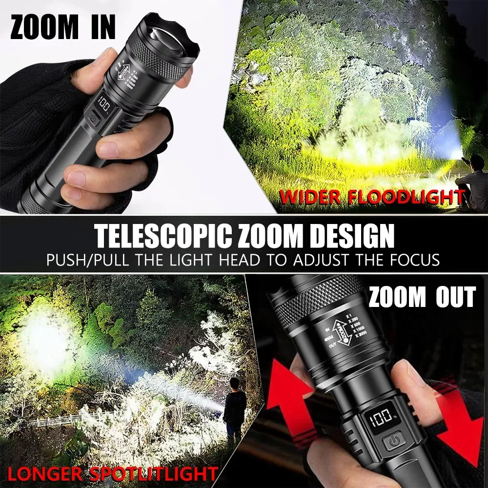 Rechargeable LED Flashlight Zoomable Torch with LCD Display 3 Modes Waterproof High Power Hand Light Outdoor Wilderness Camping