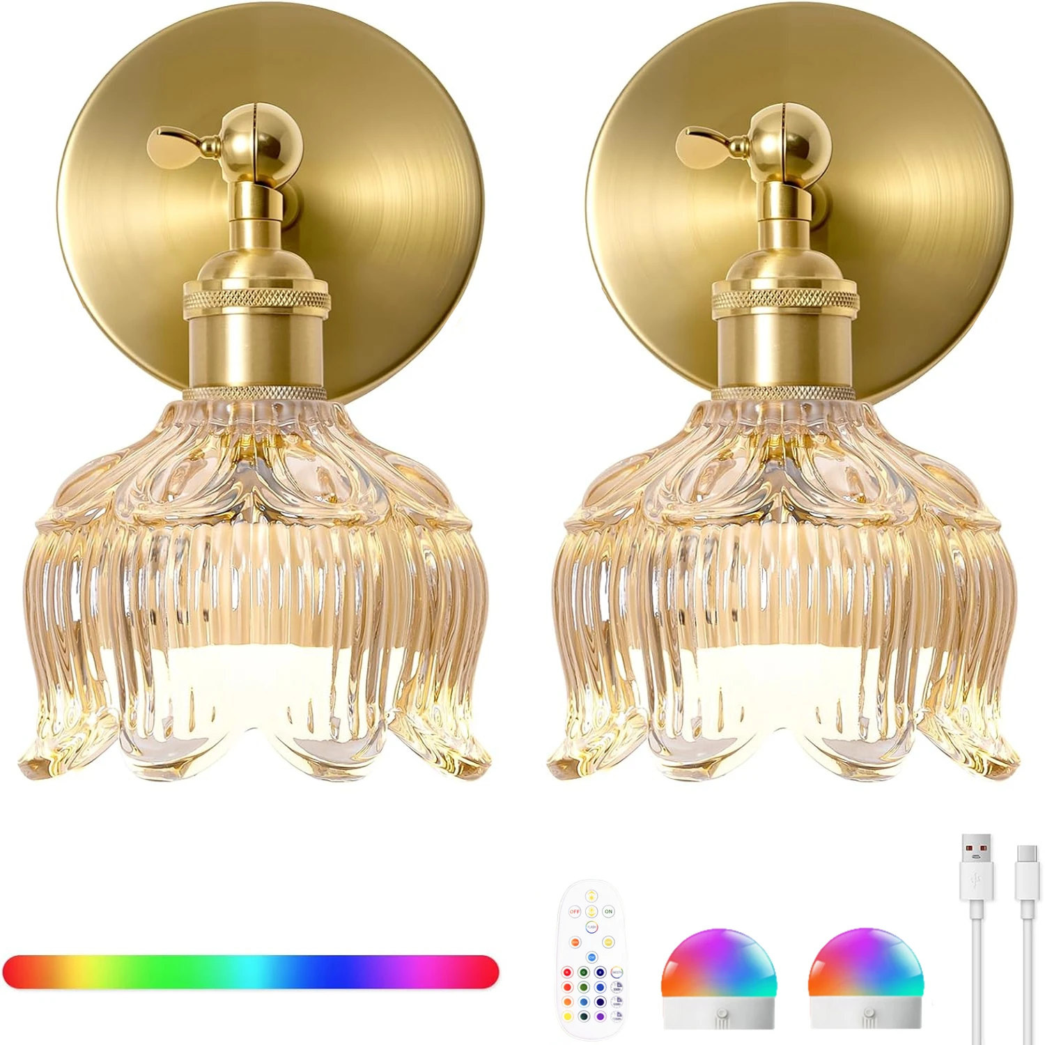 Retro Battery-Powered Wall Lamp, Rechargeable and Dimmable with 15 Colors, Remote Control, Glass Lampshade, Cordless Installation Lighting - Wireless Wall Lamp for Bedroom, Living Room, Hallway