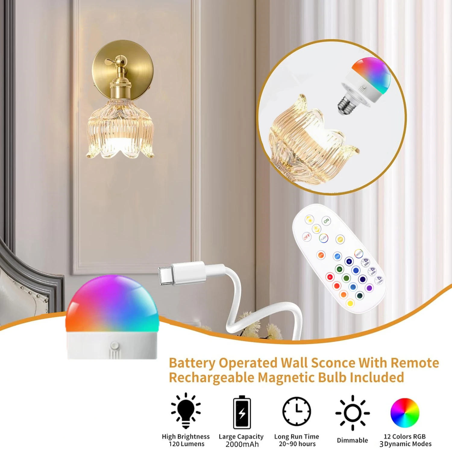 Retro Battery-Powered Wall Lamp, Rechargeable and Dimmable with 15 Colors, Remote Control, Glass Lampshade, Cordless Installation Lighting - Wireless Wall Lamp for Bedroom, Living Room, Hallway