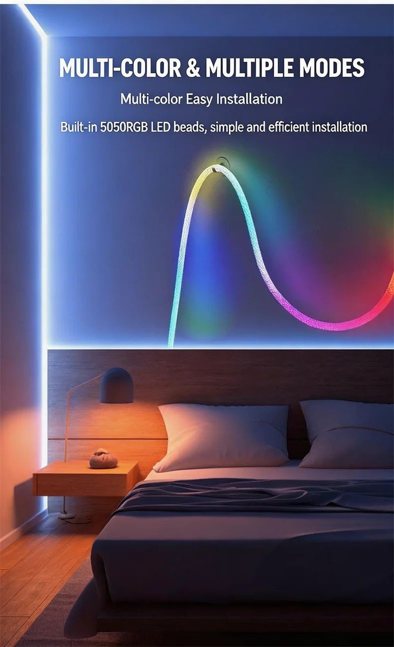 360 Glow Round RGB Neon LED Woven Strip Light 24key Bluetooth APP Remote Control 5V USB WS2812B Music Sync Waterproof Rope Decor