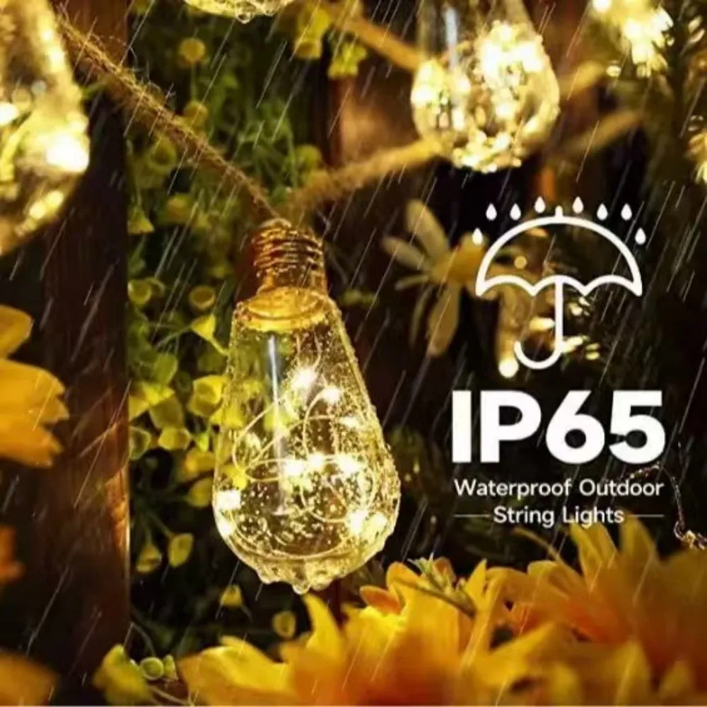 Solar Powered Hemp Rope Papaya LED String Lights Waterproof Vintage Fairy Lights for Outdoor Patio Garden Camping Wedding Decor