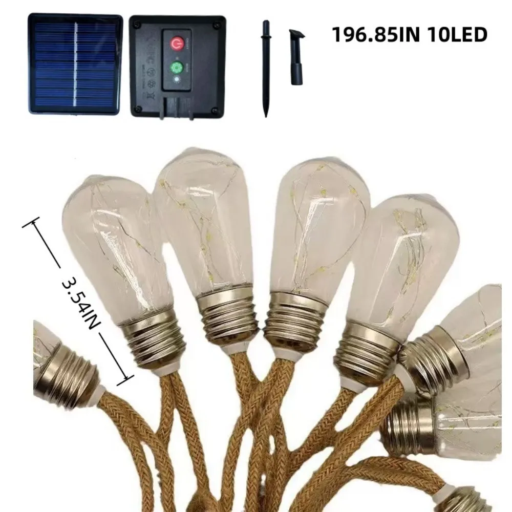 Solar Powered Hemp Rope Papaya LED String Lights Waterproof Vintage Fairy Lights for Outdoor Patio Garden Camping Wedding Decor