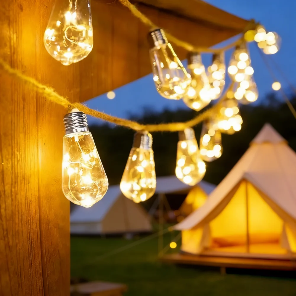 Solar Powered Hemp Rope Papaya LED String Lights Waterproof Vintage Fairy Lights for Outdoor Patio Garden Camping Wedding Decor