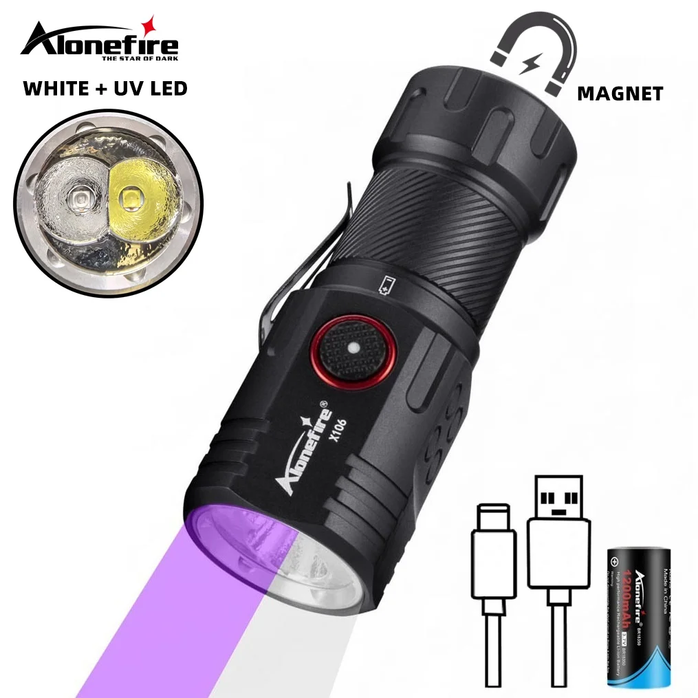 2-in1 UV 365nm+White Light Lighting Flashlight USB Rechargeable UV Check Invisible Ink Marker Cat Dog Urine Scorpion Money Torch