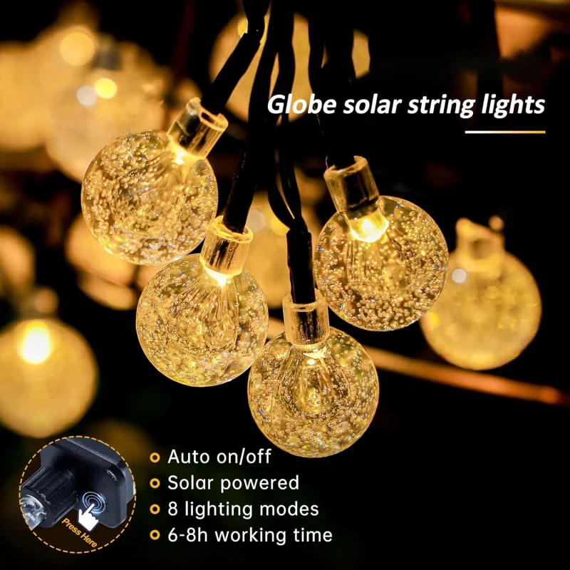 4 Colors Options Solar Globe String Lights Outdoor Waterproof Fairy Lights with 8 Modes for Wedding Patio Holiday Home Decor