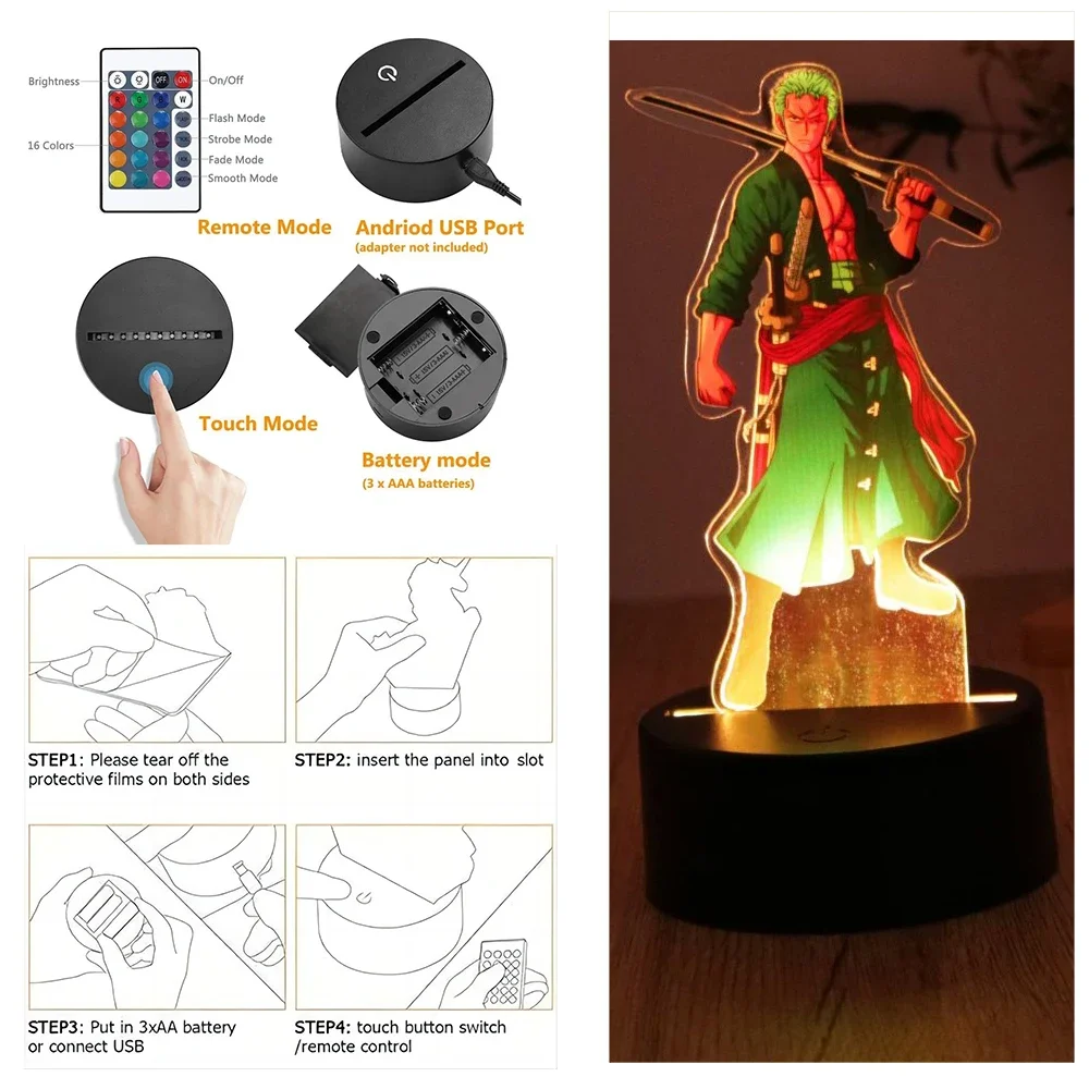 LED Night Light Anime Figure One Piece Luffy Zoro Figures Lamp PVC Action Collection Bedside Table Decoration Kid Christmas Gift
