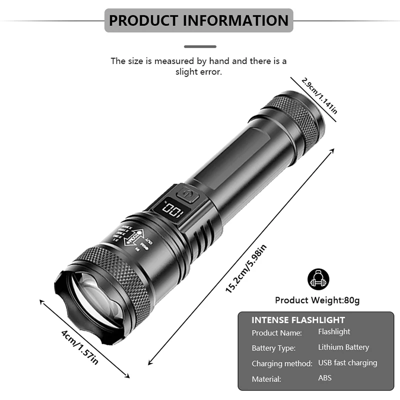 Rechargeable LED Flashlight 10000LM Zoomable Torch Waterproof 5 Modes with LCD Display Charging for Camping Hiking Emergency